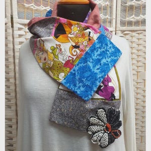 Handmade Patchwork Scarf – Colorful Cotton Boho Scarf, Artistic Textile Neckwear, Unique Upcycled Fashion Accessory-Unique gift