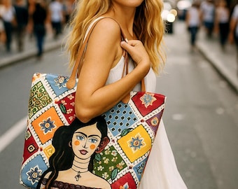 Hand-Painted Frida Portrait Tote Bag – Large Boho Canvas Art Bag