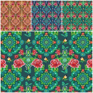 May include: A seamless pattern featuring a vibrant floral design with red, pink, and green flowers, blue butterflies, and small yellow birds on a teal background.