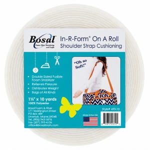 May include: A roll of white Bosal In-R-Form double-sided fusible foam stabiliser for shoulder strap cushioning. The packaging features a teal label with a yellow butterfly, a product photo, and text stating 3.81 cm by 9.14 metres, 100% polyester.