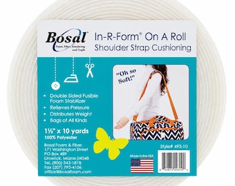 Könnte beinhalten: Eine Rolle Bosal In-R-Form doppelseitig aufbügelbare Schaumstoffeinlage zur Polsterung von Schultergurten. Die Verpackung hat ein türkisfarbenes Etikett mit einem gelben Schmetterling, einem Produktfoto und Text mit 3,81 cm mal 9,14 m, 100% Polyester.