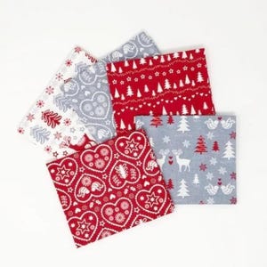 Scandi Christmas Cotton Fabric – Fat Quarters Bundle (5 pcs) – Red, Grey, White – Quilting, Patchwork, Sewing Crafts