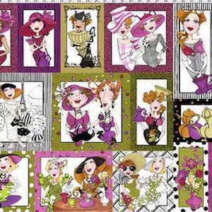 May include: A multi-panel fabric print featuring stylized illustrations of women in hats and dresses, interspersed with teapots, teacups, and floral motifs in a color palette of purple, pink, green, black, and white, with a ruler along the top edge.