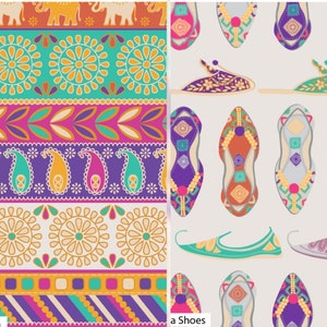 May include: A vibrant pattern featuring colorful elephants, floral designs, and paisley motifs. The design includes a variety of colors such as teal, purple, orange, and pink. The image also shows a collection of decorative shoes.