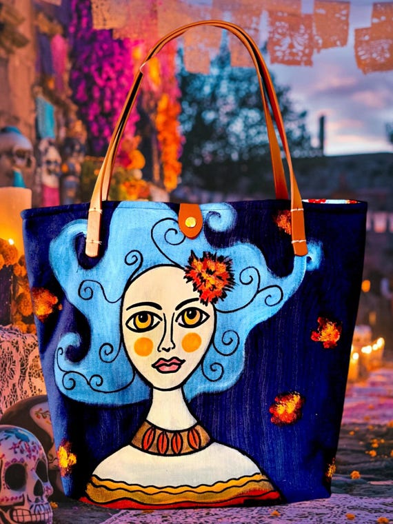 Hand-painted Art Tote Bag – Bold Blue-haired Woman on Large Canvas