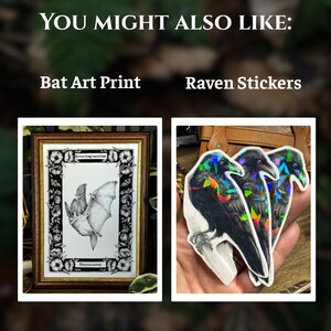 May include: A framed black and white art print of a bat surrounded by a floral border, labeled 'Brown long-eared bat' and 'Plecotus auritus', alongside three raven stickers featuring a holographic geometric overlay on the feathers.