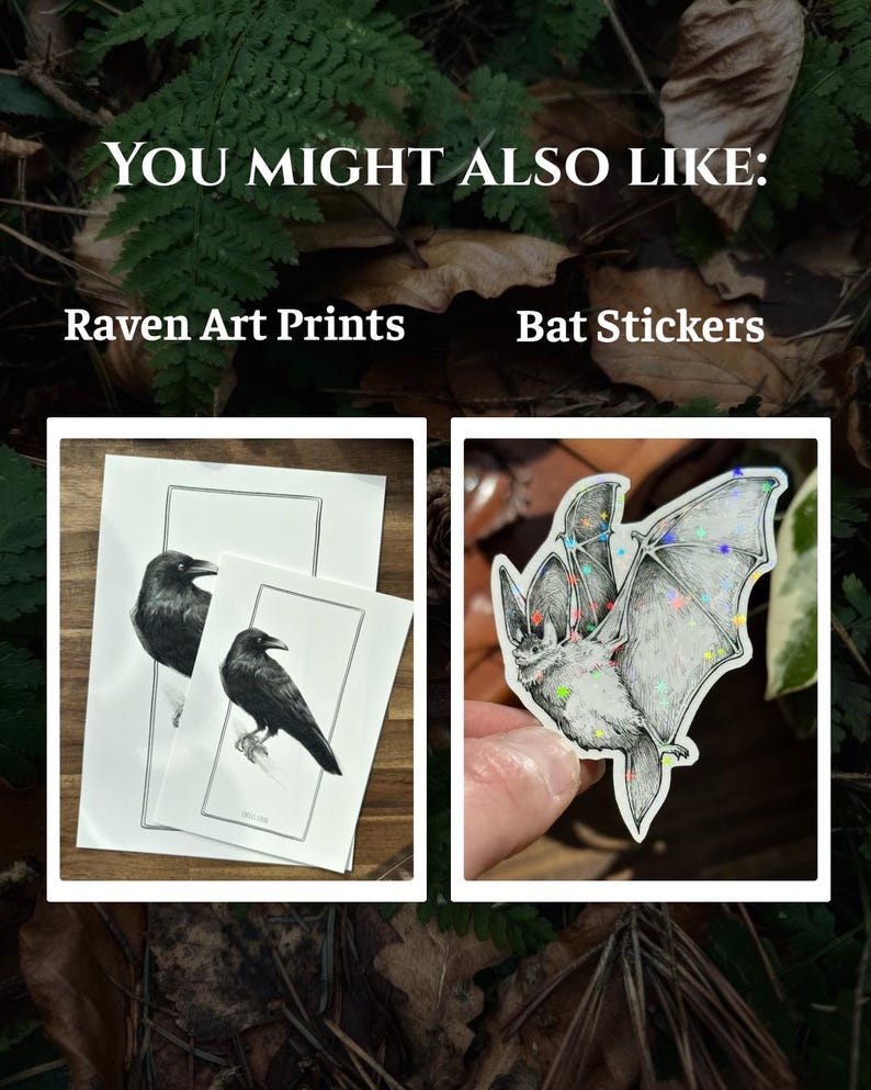 May include: Two white rectangular art prints featuring black raven illustrations within thin borders, alongside a die-cut sticker of a bat with holographic star accents. The text "YOU MIGHT ALSO LIKE: Raven Art Prints" and "Bat Stickers" is visible.