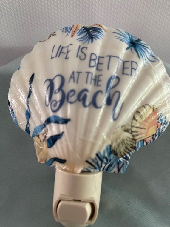 Decoupaged Seashell Night Light, Shell Night Light, White Scallop