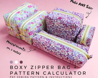 May include: Four boxy zipper bags with floral patterns in shades of pink, purple, and green, featuring gold-tone zippers. Text on the image reads: Make ANY Size!, Measurements: cm & inches, BOXY ZIPPER BAG + PATTERN CALCULATOR PDF SEWING PATTERN & INSTRUCTIONS.