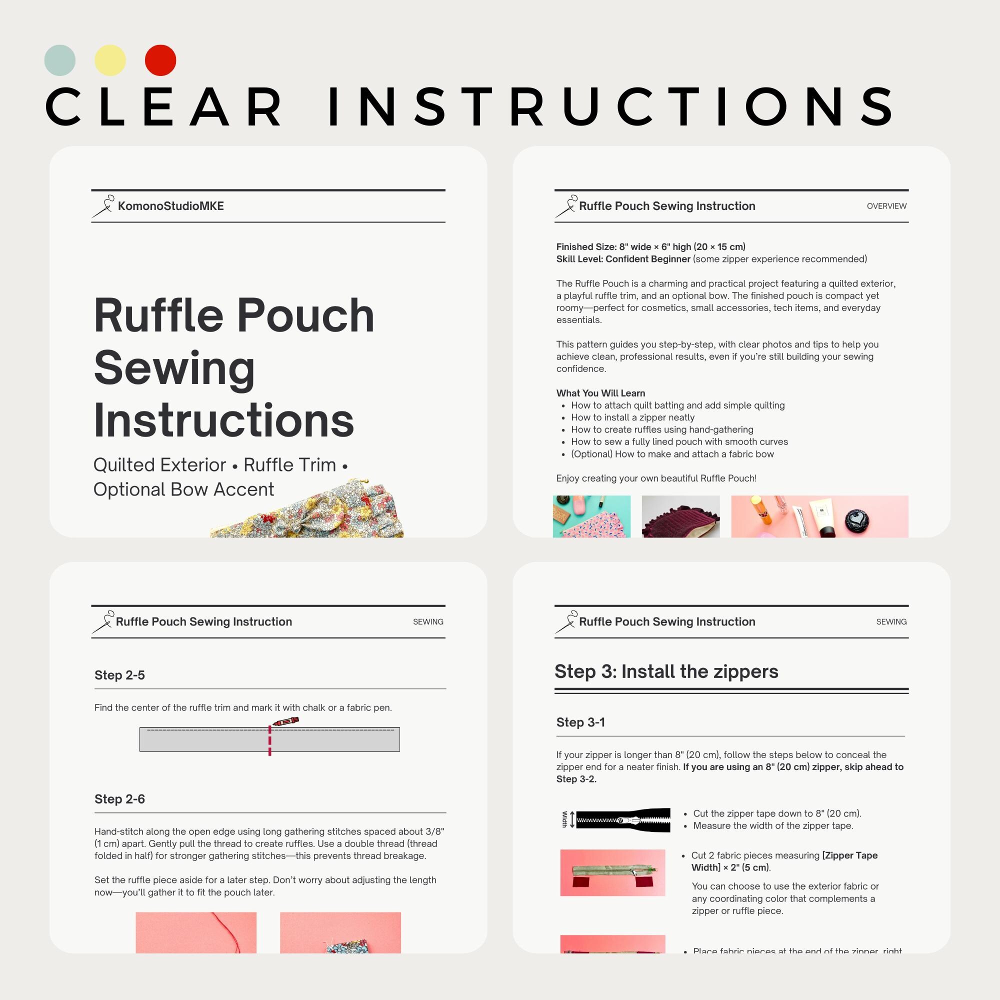 Serger Ruffle Pouch Pattern Quilted Ruffle Pouch Sewing Pattern, Coquette Bow Cosmetic Bag Tutorial ...