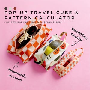 Patrón de costura de cubo de viaje plegable (PDF) con 3 tamaños, calculadora de tallas personalizadas, tutorial de cubo de embalaje plegable y organizador DIY (cm y pulgadas)