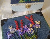 Memory Box Jewelry Silk Ribbon Embroidery Handmade Flowers Floral Painted Purple Shabby Cottage Victorian