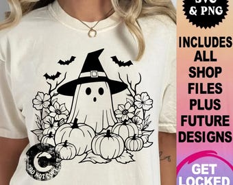 May include: Black and white digital design featuring a ghost wearing a witch hat and surrounded by pumpkins and flowers. The design includes the text "DO NOT COP" in a circle.