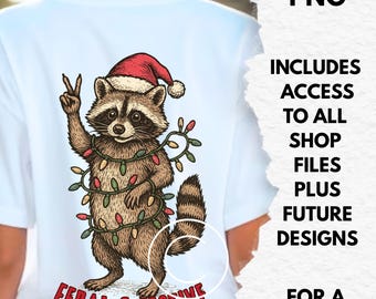 Feral and Festive Raccoon PNG, Funny Christmas Raccoon Clipart, Cute Holiday Sublimation Design, Funny Christmas PNG, Digital Download