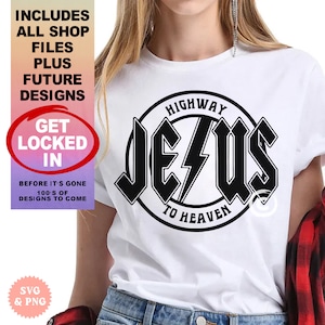 May include: White t-shirt with a black circle graphic that says "Highway to Heaven" and "Jesus" in a bold, stylized font with a lightning bolt.