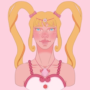 Puede incluir: Una ilustración de dibujos animados de una mujer con coletas rubias, vistiendo un vestido rosa y blanco con un collar de concha. Lleva una diadema rosa con una perla y tiene un rubor rosa en las mejillas.