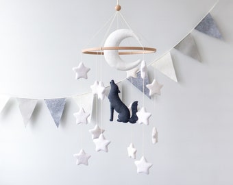 Felt wolf baby mobile for crib, Forest animals nursery decor, Moon and stars mobile, Woodland nursery theme, Gender neutral baby shower gift