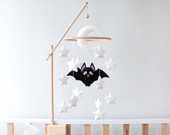 Bat baby mobile for crib, Halloween nursery decor, Felt moon and stars mobile, Gender neutral baby shower gift, Goth gothic, Forest animals