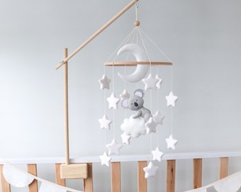 Koala baby mobile for crib, Australian animals nursery decor, Moon, stars and clouds felt mobile, Gender neutral baby shower gift