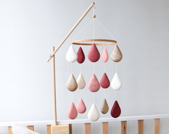 Felt raindrops baby mobile for crib, Baby girl nursery decor, Pink ang gold cot mobile, Baby shower gift idea, New mom gift