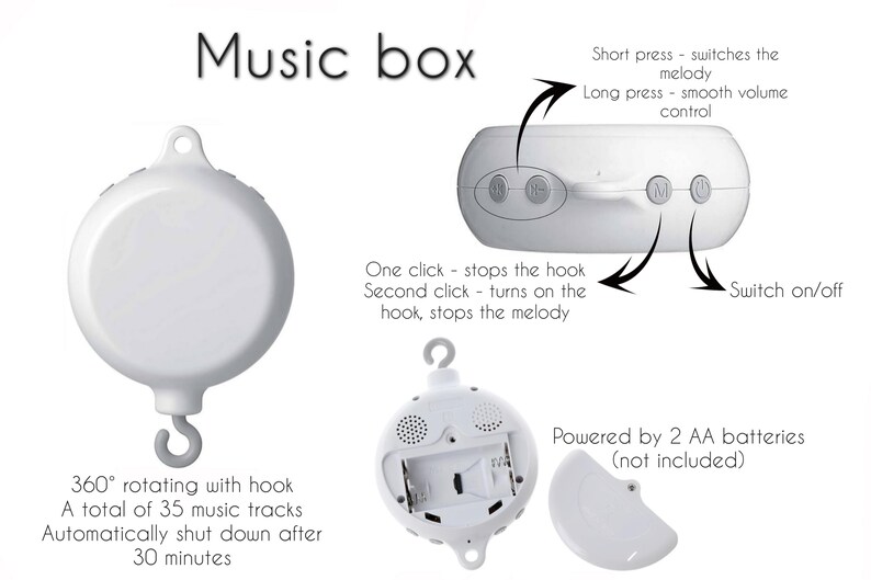 May include: White music box with a rotating hook and 35 music tracks. The music box has a control panel with buttons for volume, melody selection, and on/off switch. It is powered by two AA batteries (not included).