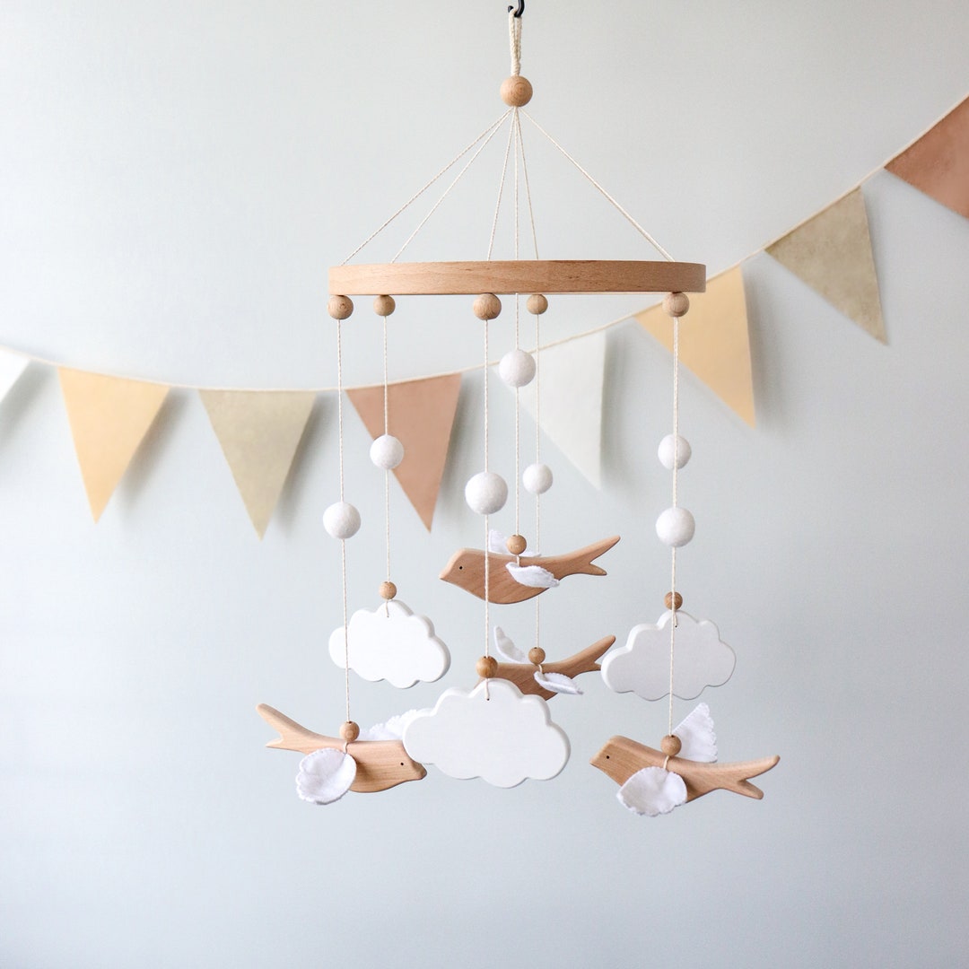 Birds and Clouds Baby Mobile for Crib, Forest Animals Nursery Decor ...