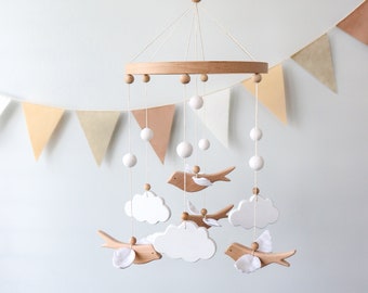 Birds and clouds baby mobile for crib, Forest animals nursery decor, Flying swallow cot mobile, Woodland nursery, Gender neutral mobile