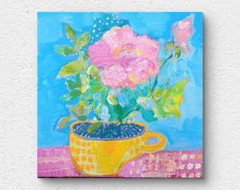 Floral Blume Wohndekor Moderne Kunst Original Kunst rosa Rose Stillleben Wandbehang Kunstwerk Blume Jugendstil Kleines Bild für Schwester Geschenk