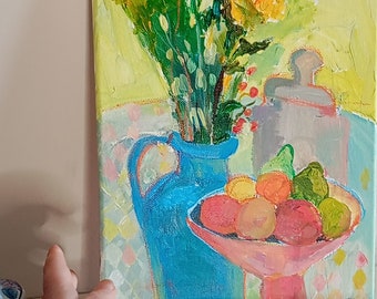 Leinwand-Wandkunst, Vase mit Blumen, Obst, handgemachtes Geschenk, Mini-Kunst, Heimdekoration, Gemälde, Raumdekoration, Wandkunst, Wanddekoration, Original, Geburtstag, blau, Kunst