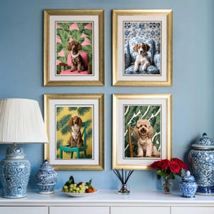 Conjunto de fotos de cães chiques, arte de parede de galeria, decoração de quarto de berçário, pôster engraçado de cachorro, arte de poodle, conjunto de pôster de 4 peças, azul branco, pôster de colinas