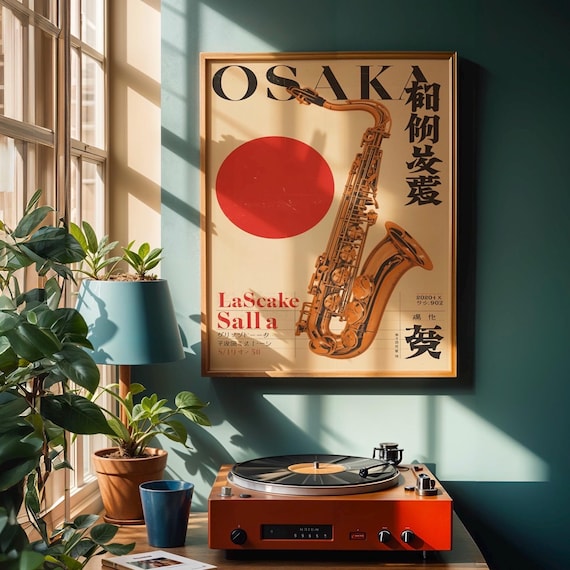 Vintage Osaka Jazz Poster | Retro Saxophone Music Art (digital