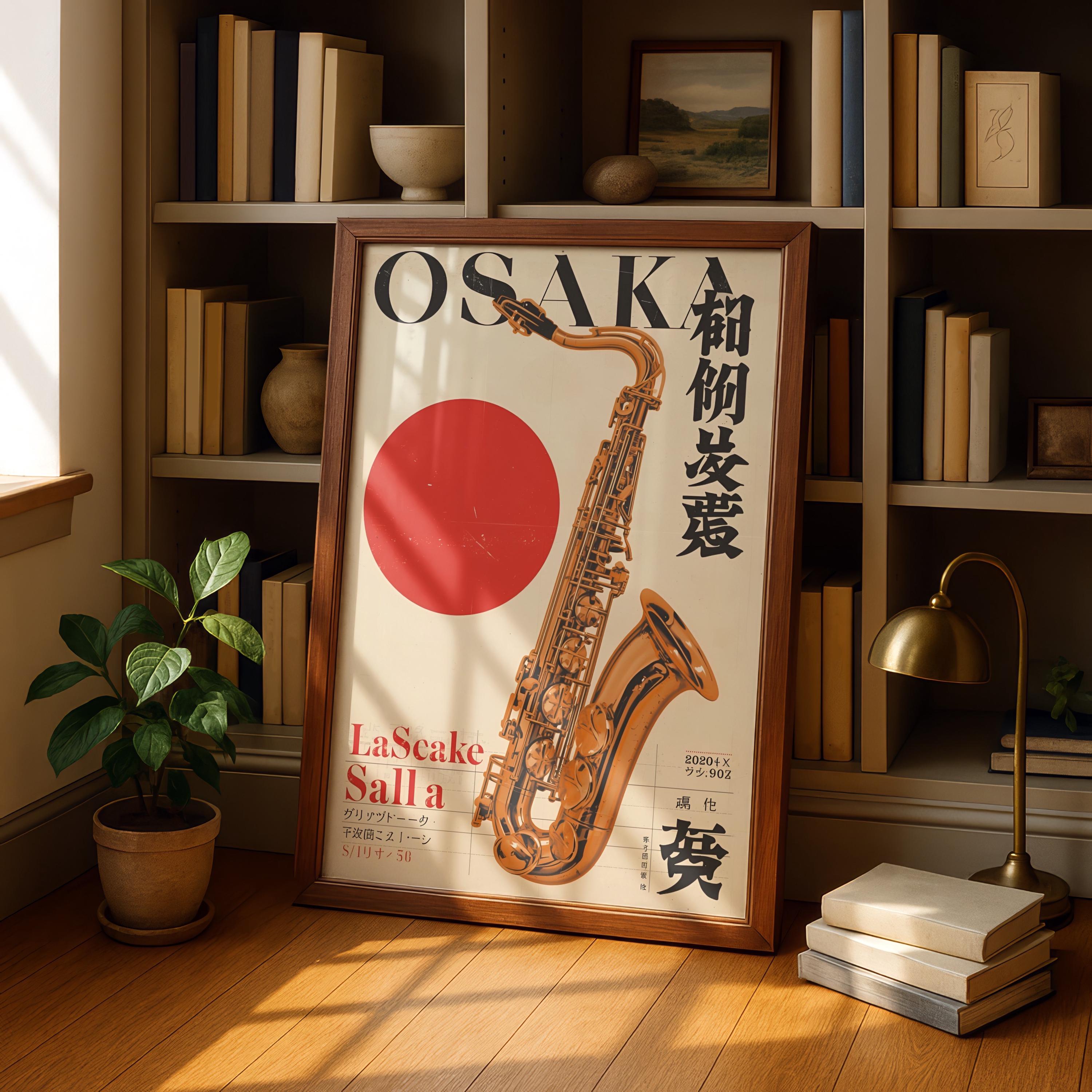 Vintage Osaka Jazz Poster | Retro Saxophone Music Art (digital