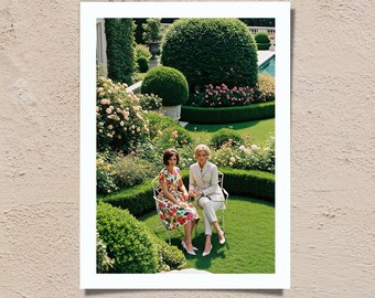 Vintage Garden Party Poster: Chic Women, Floral Decor