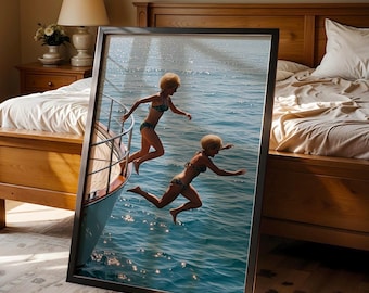 1960s Bikinis Blonde Women Jumping into Ocean, Vintage Yacht Poster (Digital Download)