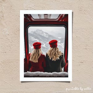 Digitaler Download Apres Wandkunst, Snowboard Druck, Ski Poster, Luxus Lifestyle Fotografie, High Society, zwei blonde Mädchen Schnee, Winter grau