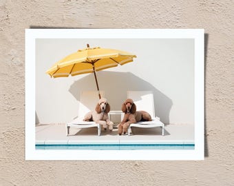 Palm Springs-poedelprint: luxe honden aan het zwembad (digitale download)