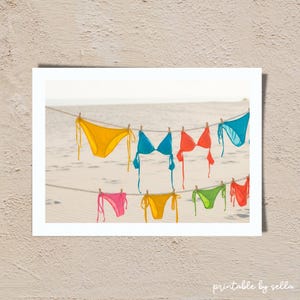 Bikini Print Blue Beachy Wall Art | Coastal Aesthetic Poster | Summer Digital Print | Clothesline Bikini Trendy Preppy Wall Art