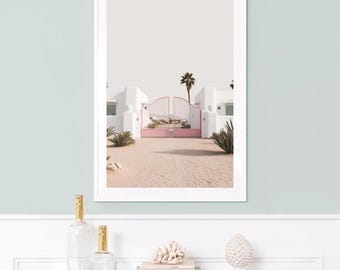 Retro Palm Springs Pink Gate konsttryck, Mid-Century Modern (digital nedladdning)