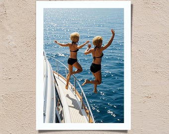 1960s Riviera Yacht Print, Women Diving into Sea (Digital Download)