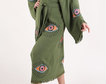 Handmade Evil Eye Festival Kimono Robe - Boho Bathrobe - Muslin Turkish Beach Robe - Beachwear Cover Up - Mother's Day Gift - Yoga, Spa Robe