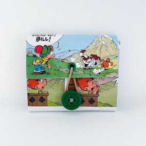 Carteira em quadrinhos Boule & Bill: Porta-cartões artesanal feito com embalagem Tetra Pak reciclada.