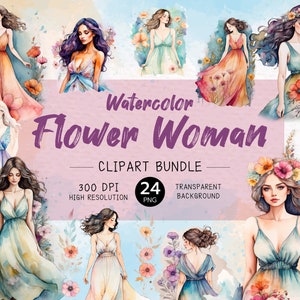 Feminine Flower Power Clipart-Bundle | 24 PNG Illustrationen Stilvoller Frauen in Blumenkleidern | Kommerzielle Nutzung