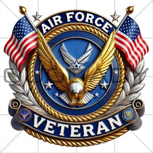 May include: A detailed Air Force Veteran emblem featuring a golden eagle with outstretched wings, the words "Air Force" and "Veteran", and two American flags. The emblem is predominantly blue, gold, and silver, with stars and laurel leaves.