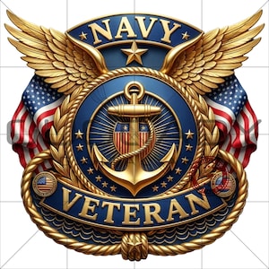 Pode incluir: Um emblema azul marinho e dourado com as palavras "NAVY" e "VETERAN". O emblema apresenta uma âncora, asas e bandeiras americanas. O design é detalhado com uma borda de corda e estrelas.