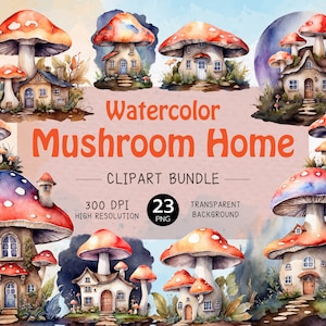 Clipart de casa de cogumelo aquarela - 23 PNG Fairy Cottage, pacote de casa de fantasia, fundo transparente, 300 DPI