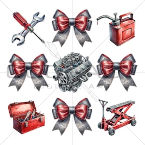 Monteur clipart png, aquarel garagegereedschap en motor met rode strik, autoreparatie vrouwelijke sublimatie, 300 dpi transparante achtergrond