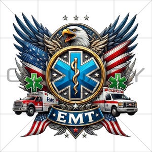 Könnte beinhalten: Detaillierte Grafik mit einem Adler, Elementen der amerikanischen Flagge und einem EMT-Emblem. Im Mittelpunkt steht ein blaues Star-of-Life-Symbol mit einer goldenen Schlange. Zwei Krankenwagen flankieren das Emblem, mit dem Wort "EMT" auf einem Banner.