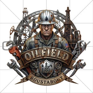 Puede incluir: Ilustración de un trabajador petrolero con casco, rodeado de herramientas y torres de perforación. La imagen incluye el texto "OILFIELD ROUSTABOUT" en una pancarta, con una bandera estadounidense y un escudo con gráficos de plataformas petrolíferas.