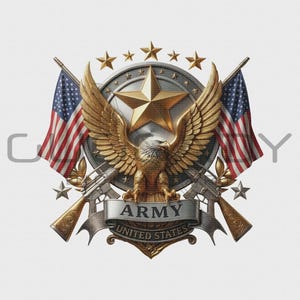Pode incluir: Um emblema detalhado com uma águia dourada com as asas abertas, uma grande estrela e o texto "ARMY UNITED STATES". Duas bandeiras americanas ladeiam o desenho central, com rifles e estrelas.