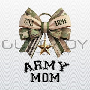 May include: A decorative bow with a camouflage pattern, the words "UNITED STATES" and "ARMY" are printed on the bow. A gold star pendant hangs from the bow. Below the bow, the words "ARMY MOM" are displayed in a bold, black font.